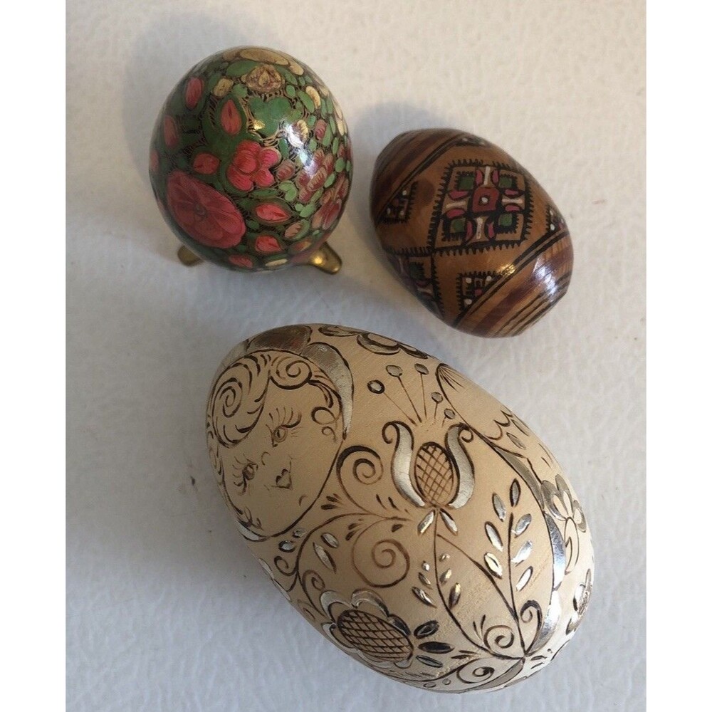3 Wooden Handpainted Eggs Lot + 1 Stand Decor Art